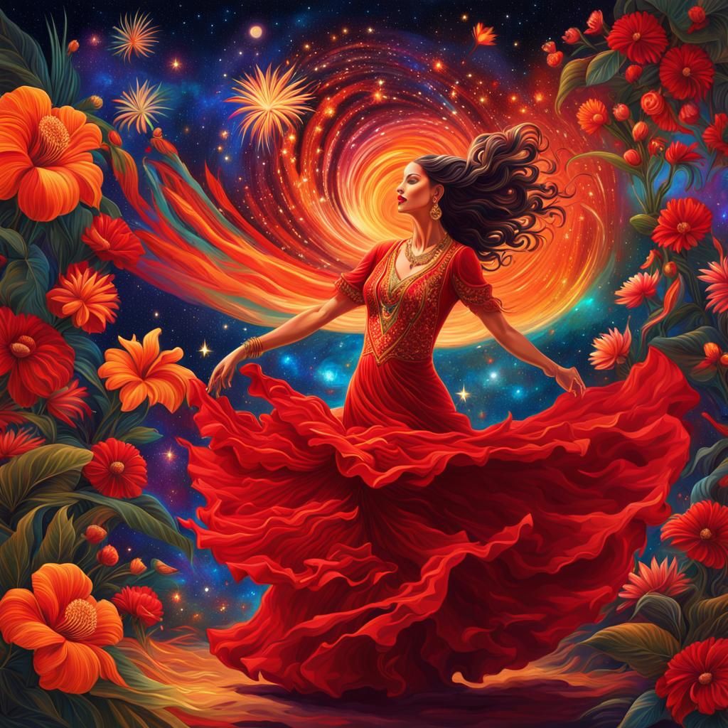 Flamenco Dancer Under Cosmic Sky in Astral Illustration