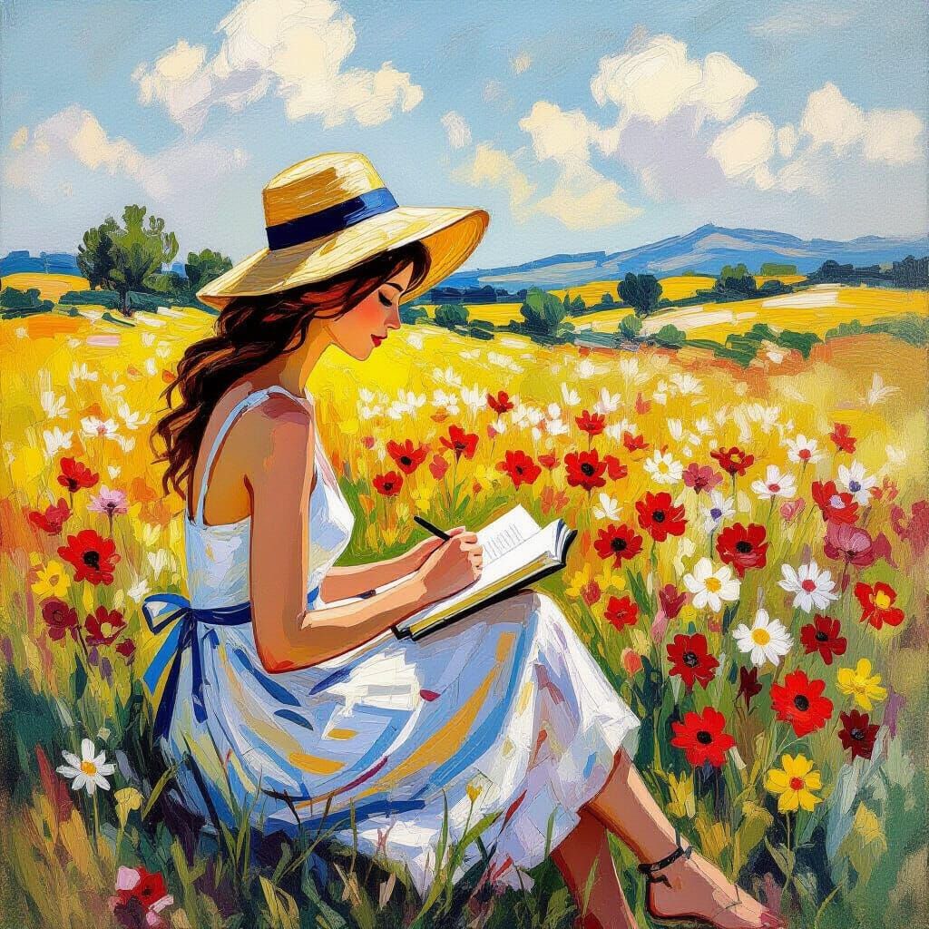 Woman Writing in Flower Field, Van Gogh Style