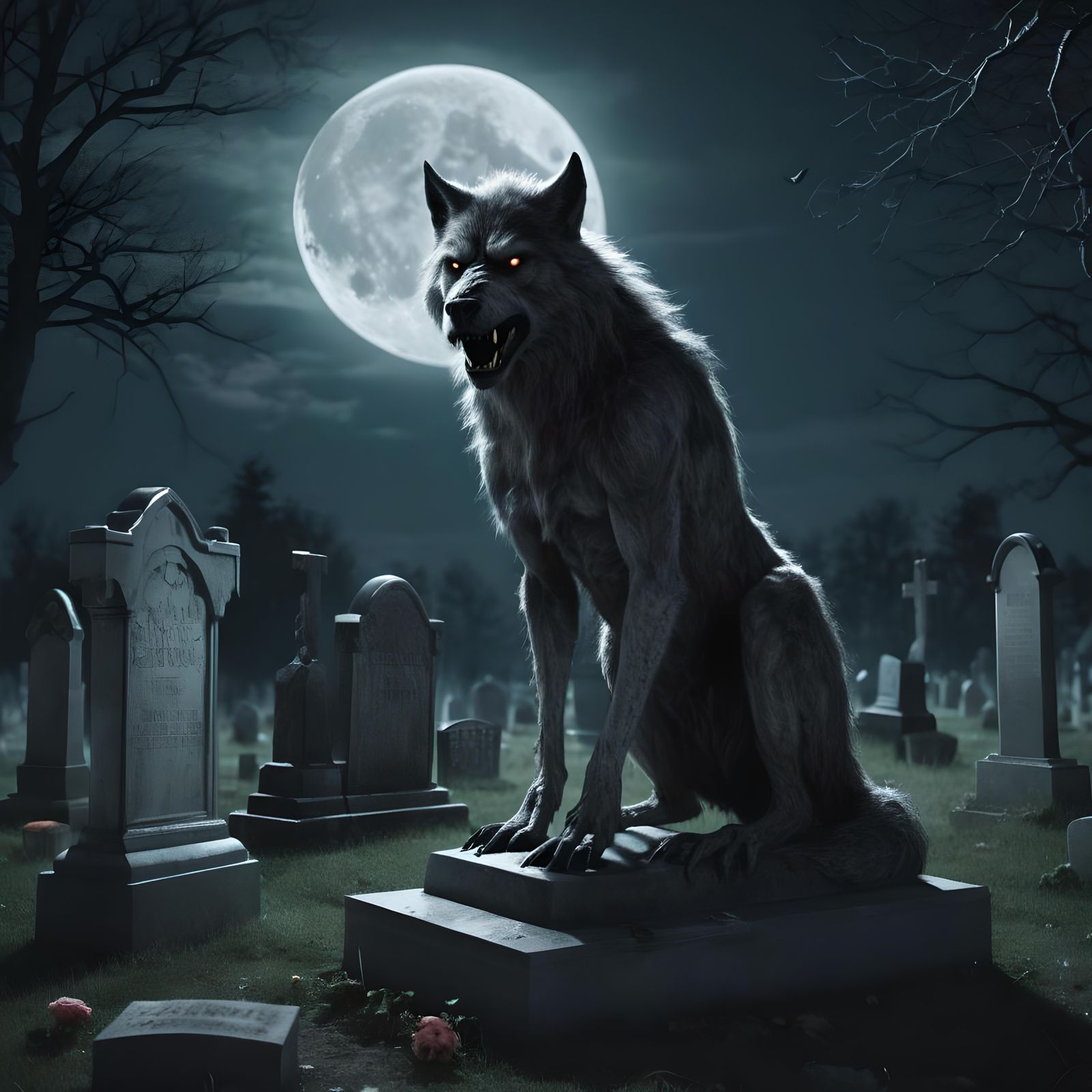 Female Werewolf in Cemetery Under Moonlight