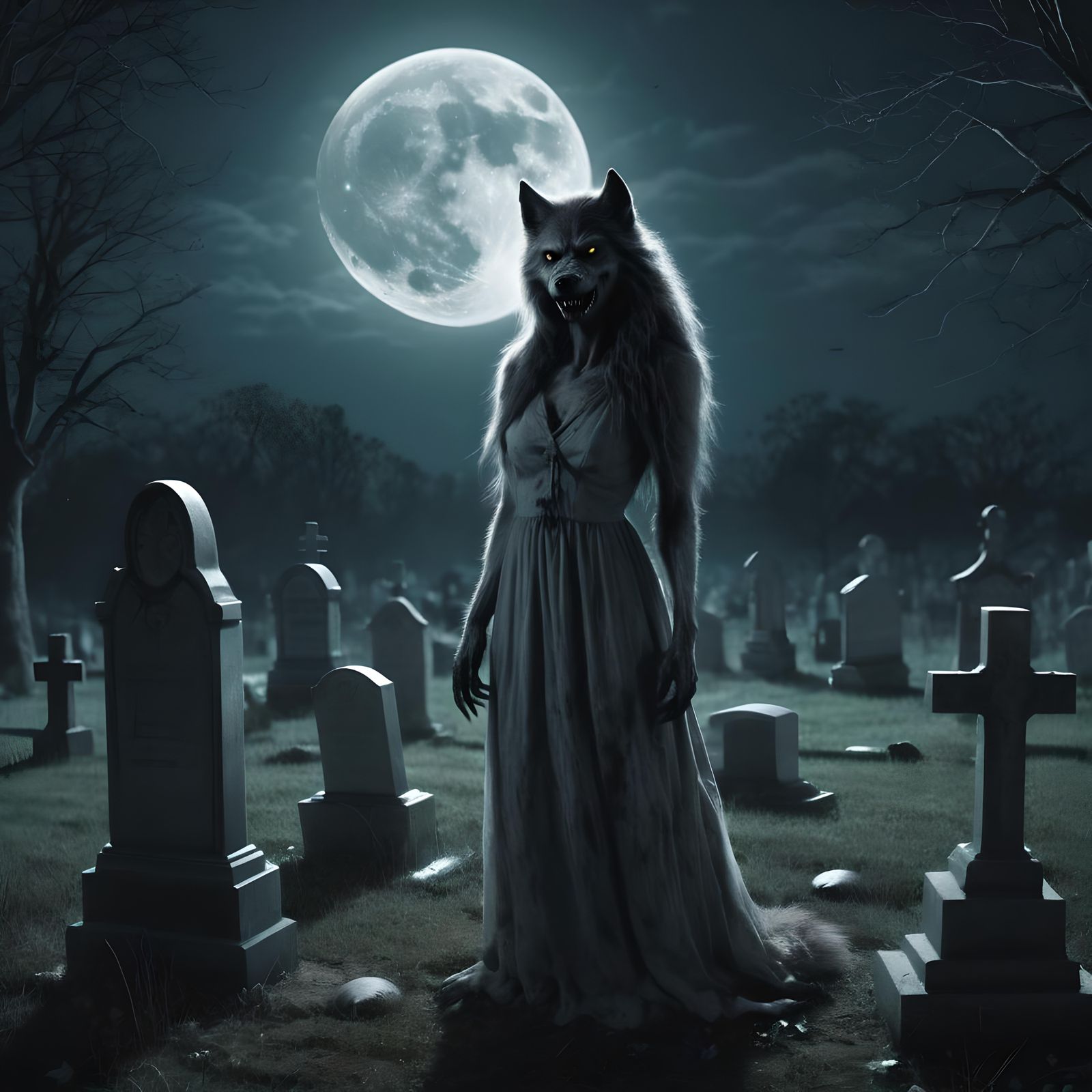 Moonlit Cemetery: A Female Werewolf Portrait