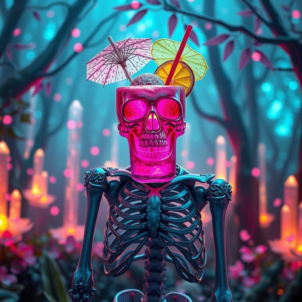 Crystal Skeleton with Glowing Cocktail in Neon Forest
