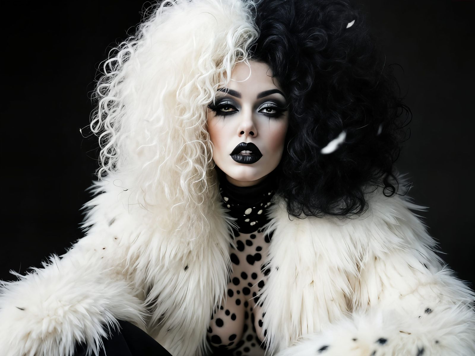 Glamorous and Unsettling Cruella DeVille Portrait in Dalmati...