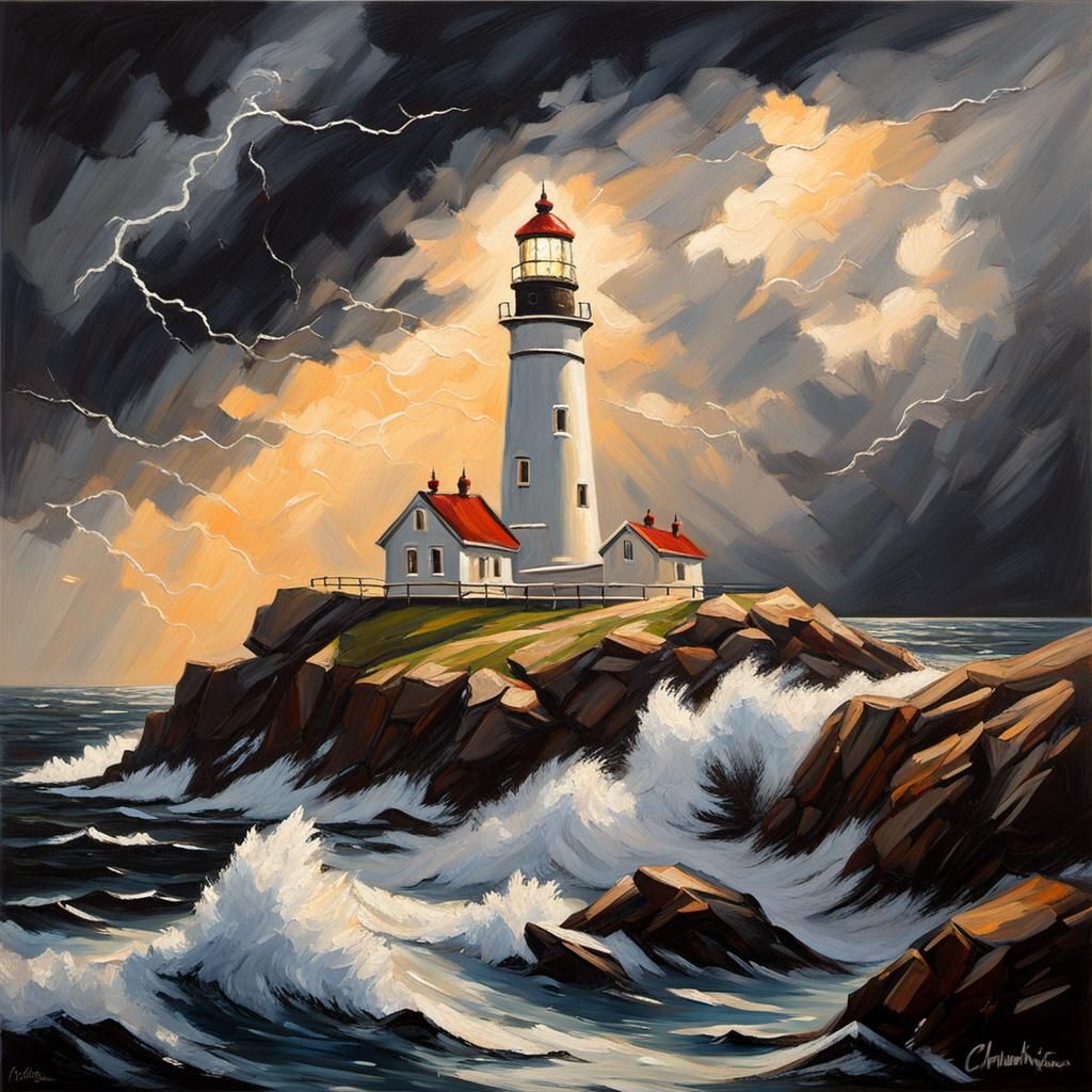 Lighthouse in Stormy Weather: An Impasto Oil Painting