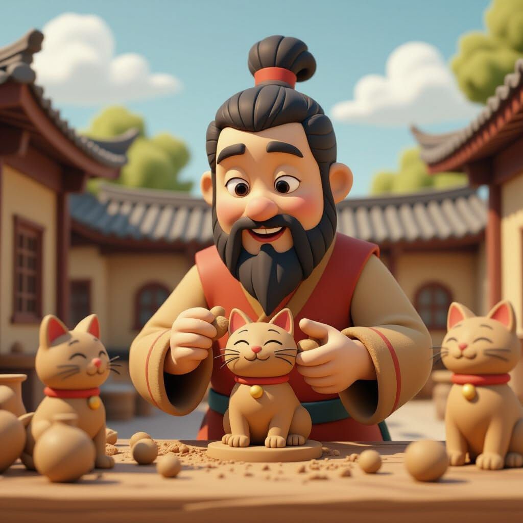 Chinese Craftsman Carving Clay Cats in Disney 3D Style