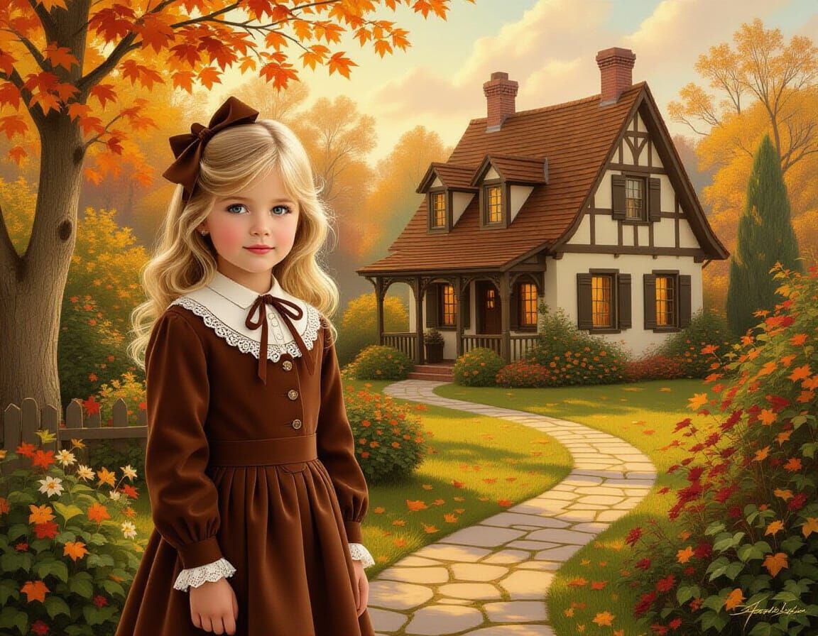 Girl in Autumn Garden: Nostalgic Oil Painting