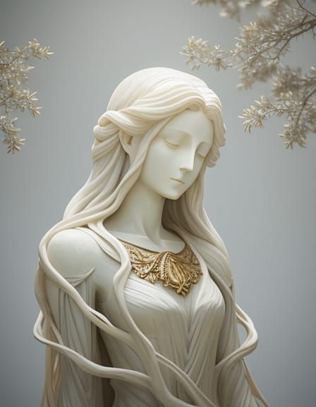 Alabaster Statue Head with Acacia Branch Hair, Ethereal Glow