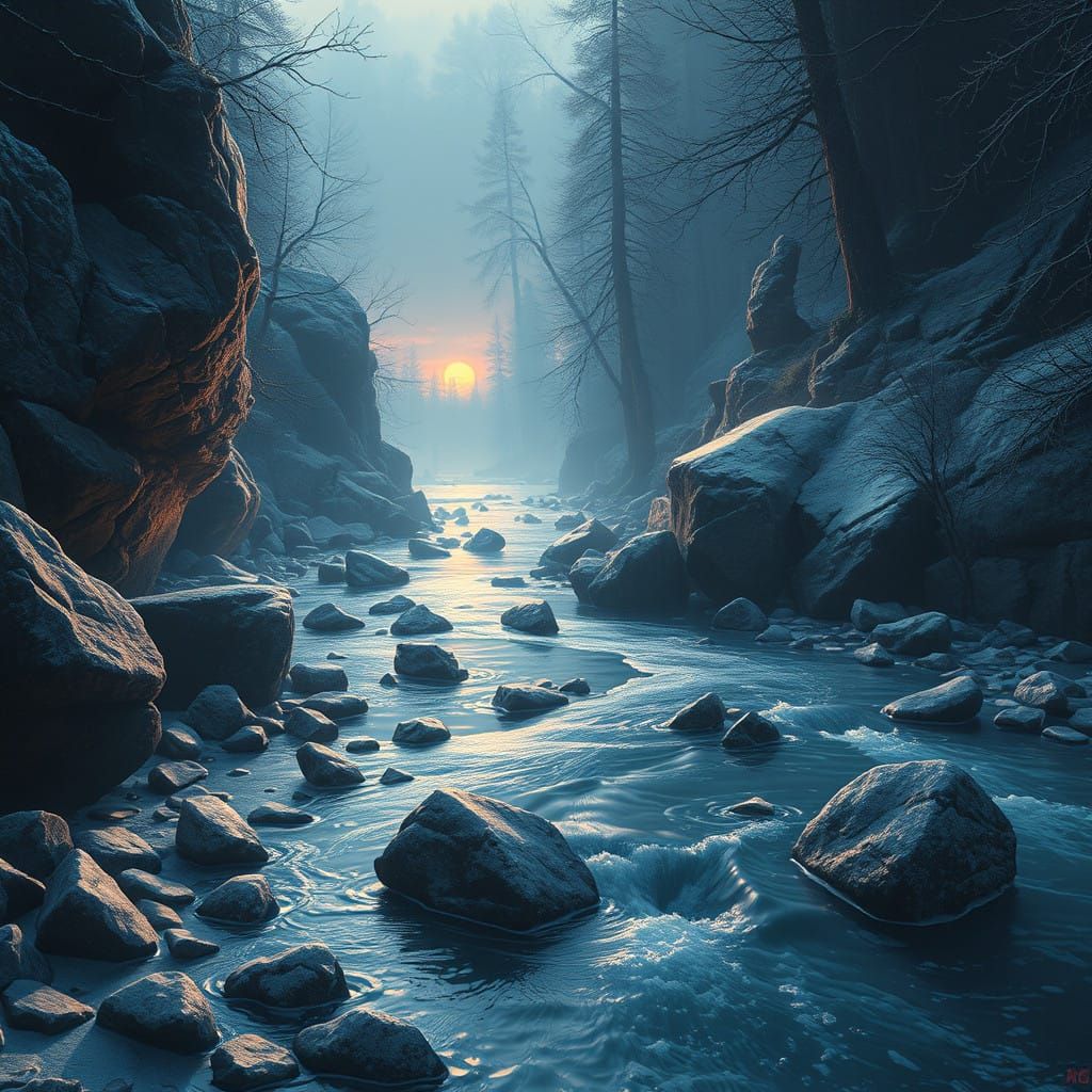 Ethereal River Landscape in Frosty Air