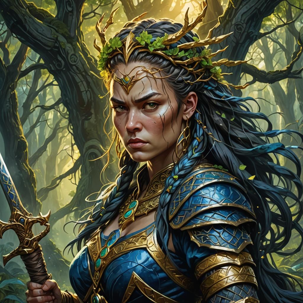 Fierce Warrior Woman in Dark Fantasy Forest
