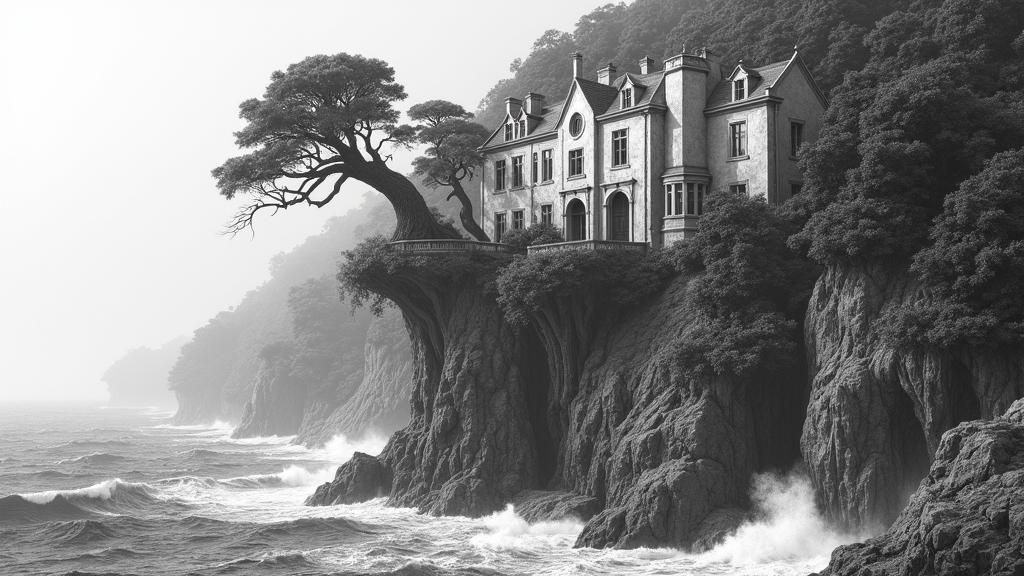 Cliffside Mansion in Grayscale Pencil Sketch