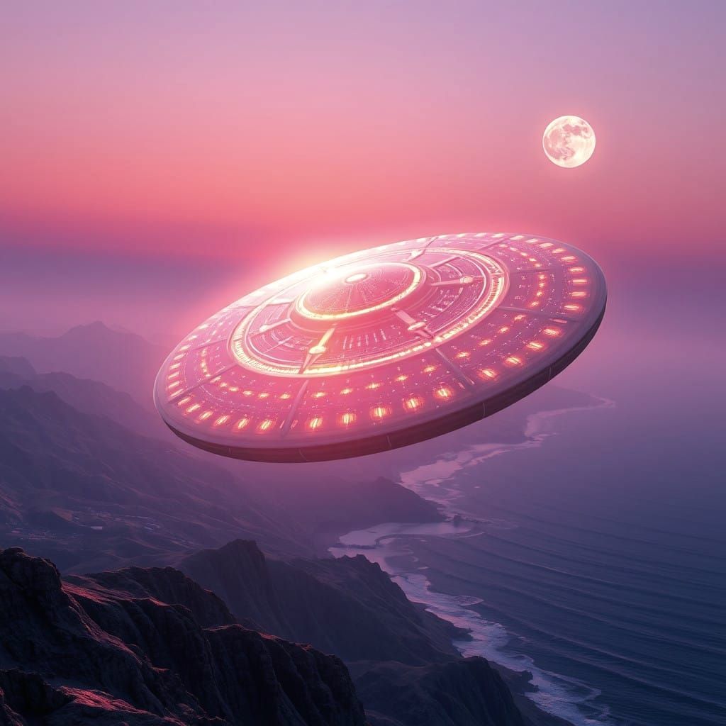 Golden Spaceship Soars Over Dusk Coastline in Iridescent Cos...