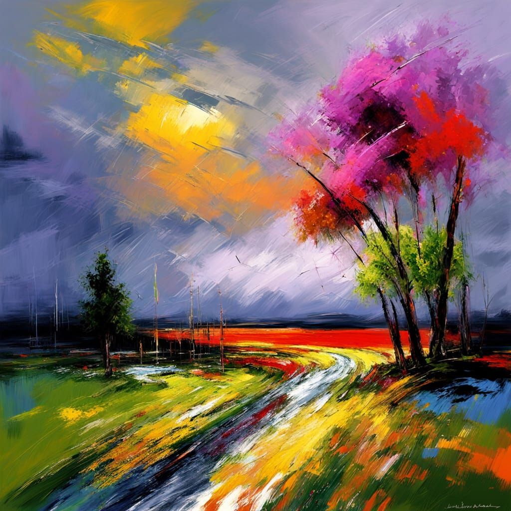 Vibrant Spring Landscape with Turbulent Rain in Expressive T...