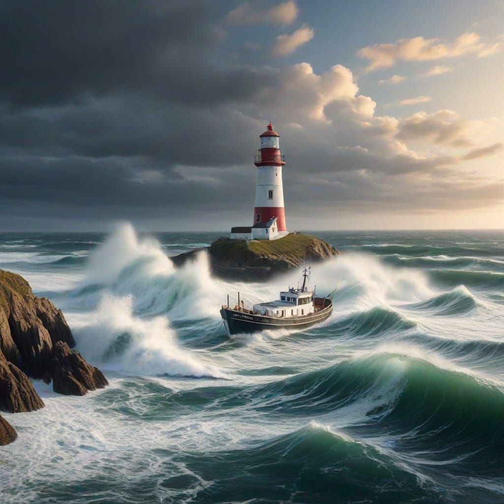 Lighthouse Guiding Boat Through Stormy River Mouth