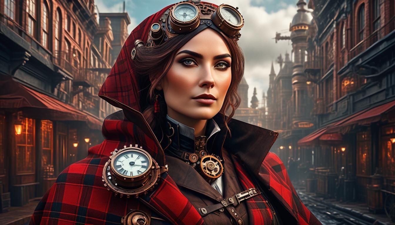 Steampunk Woman in Red Plaid Cape, Detailed City