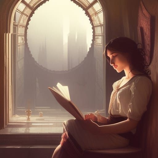 Dark Fantasy Girl Reading, Hyperdetailed Concept Art