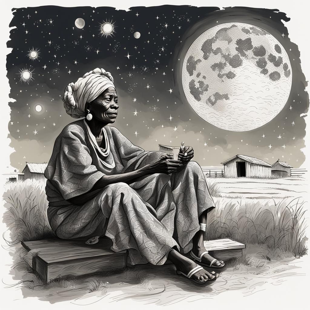 Abstract Sketch: African Storyteller in Starry Field