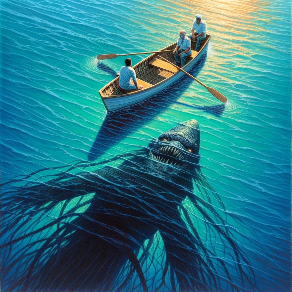 Row Boat in Blue Ocean Under Deep Sea Creature Shadow