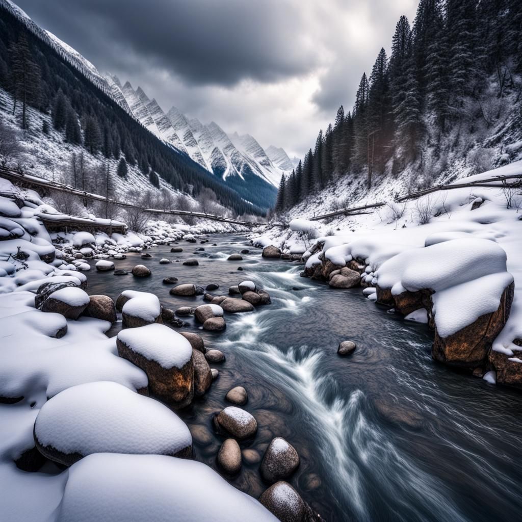Snowy Mountain River: Hyperrealistic 64 Megapixel View