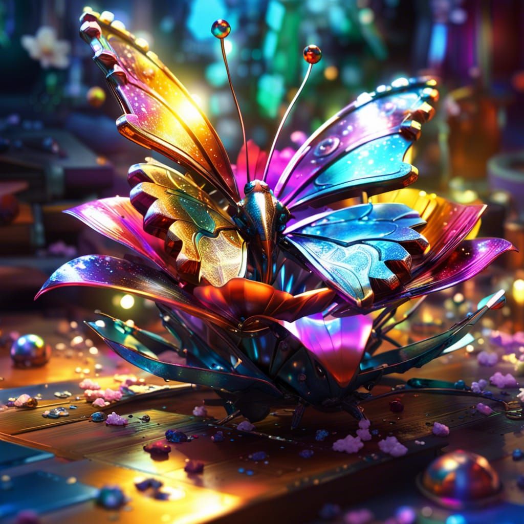 Metallic Flower and Butterfly Digital Art