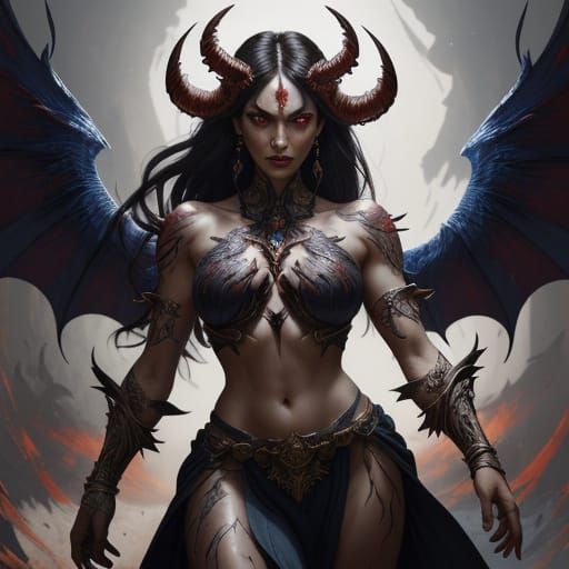 Powerful Demoness with Glowing Eyes in Dynamic Lighting