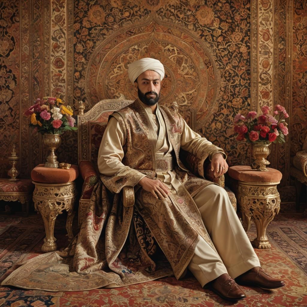 Regal Sultan with Concubine in Opulent Palace