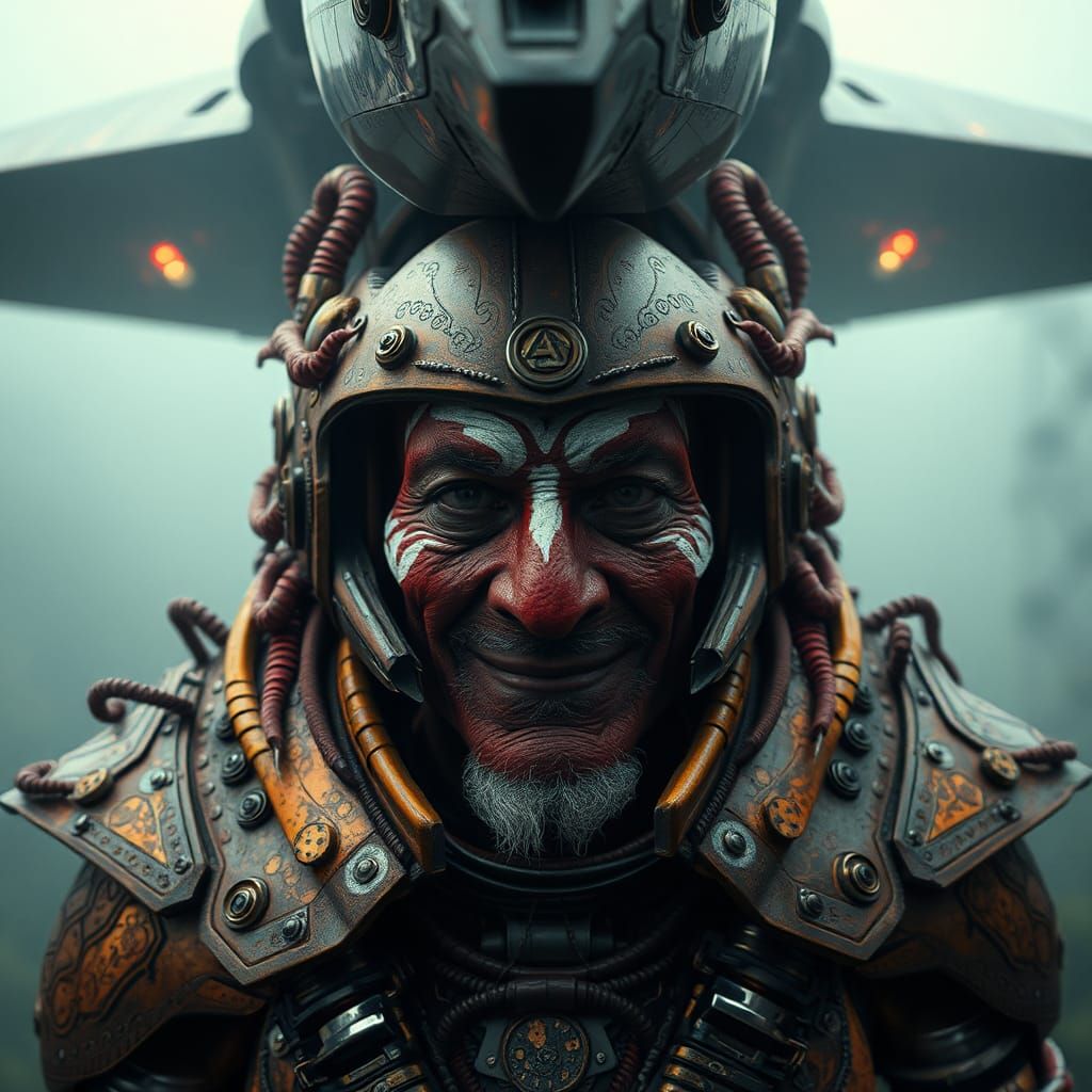 Futuristic Aztec Elder in Cyberpunk Exosuit