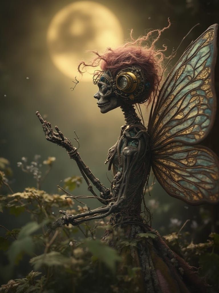 Steampunk Skeletal Fairy with Brass Goggles and Copper Wings