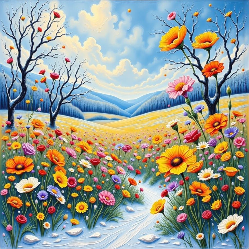 Vibrant Flowers Bloom in Snowy Meadow: Impasto Style