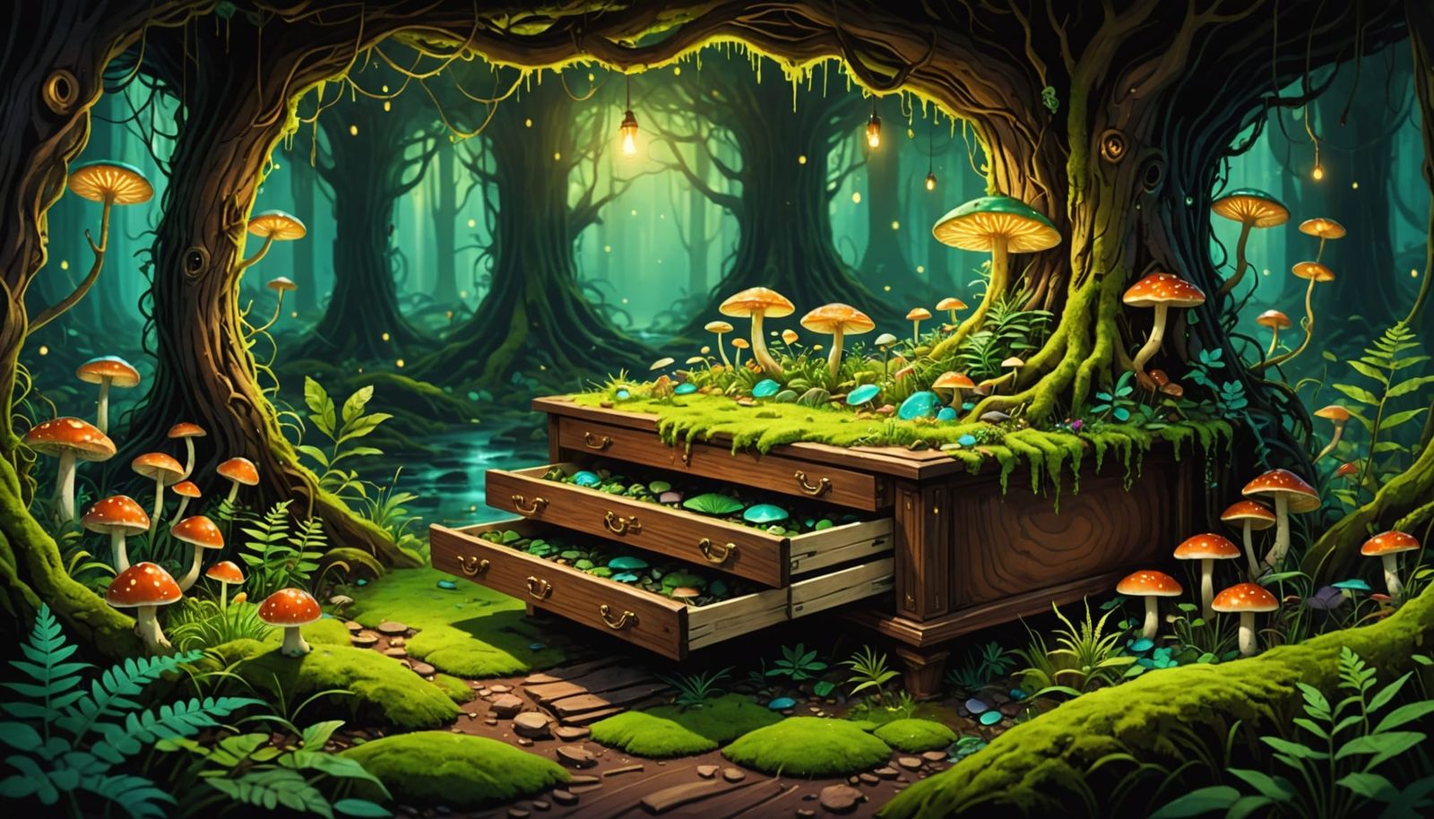 Surreal Miniature Forest Ecosystem in Antique Drawer