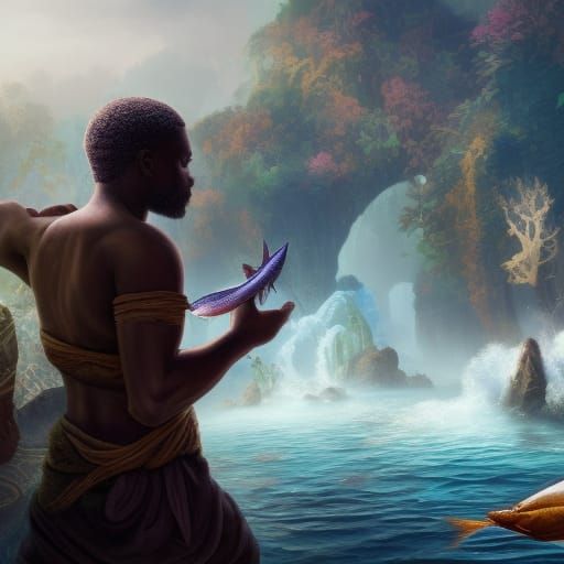 Ethnic Man Distributes Fish to Hungry People