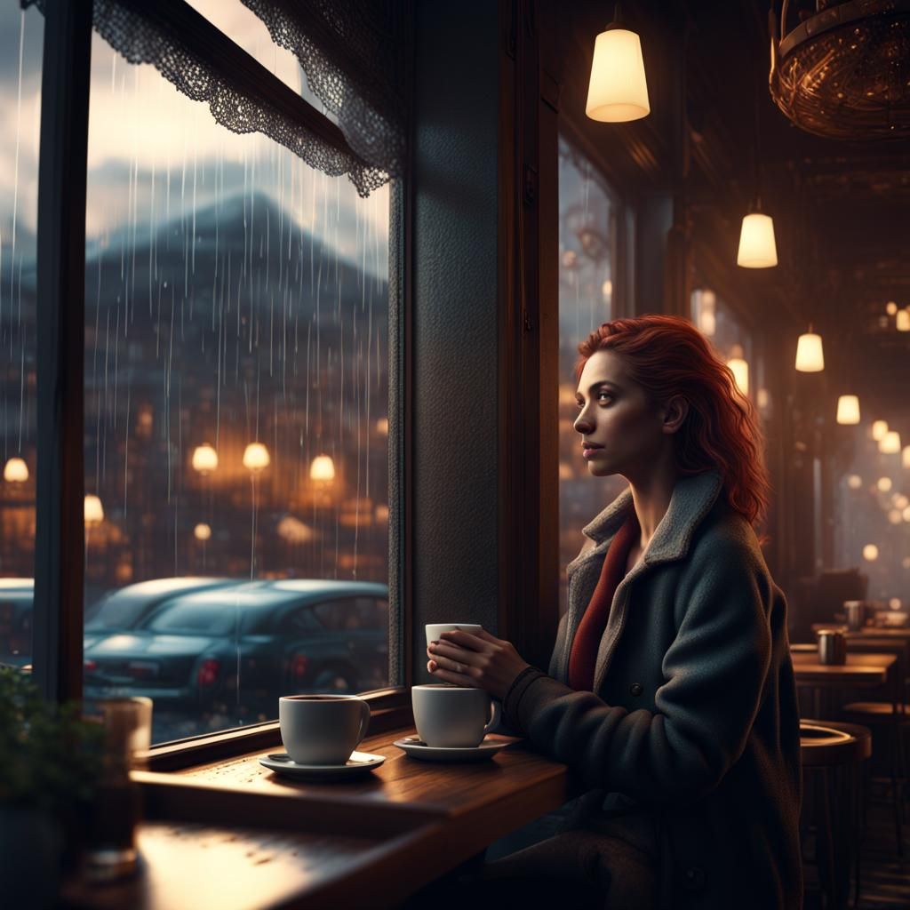 Rainy Night Cafe Scene in Detailed Matte Painting