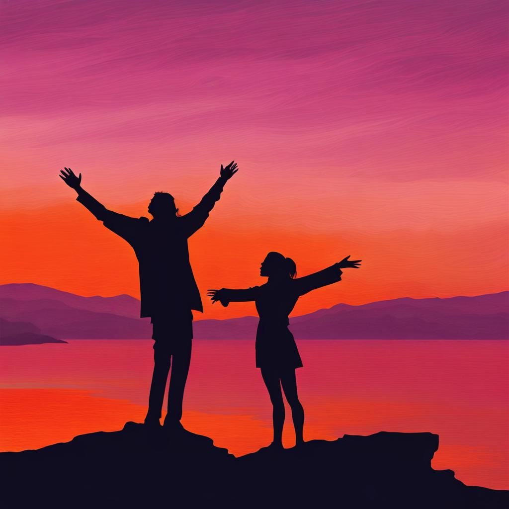 Minimalist Sunset Silhouettes on Cliff Edge