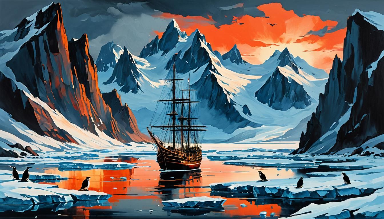 Modern European ink painting. Ancient sailing ship between floating ice shelfs with rugged surrounding mountains and pen...