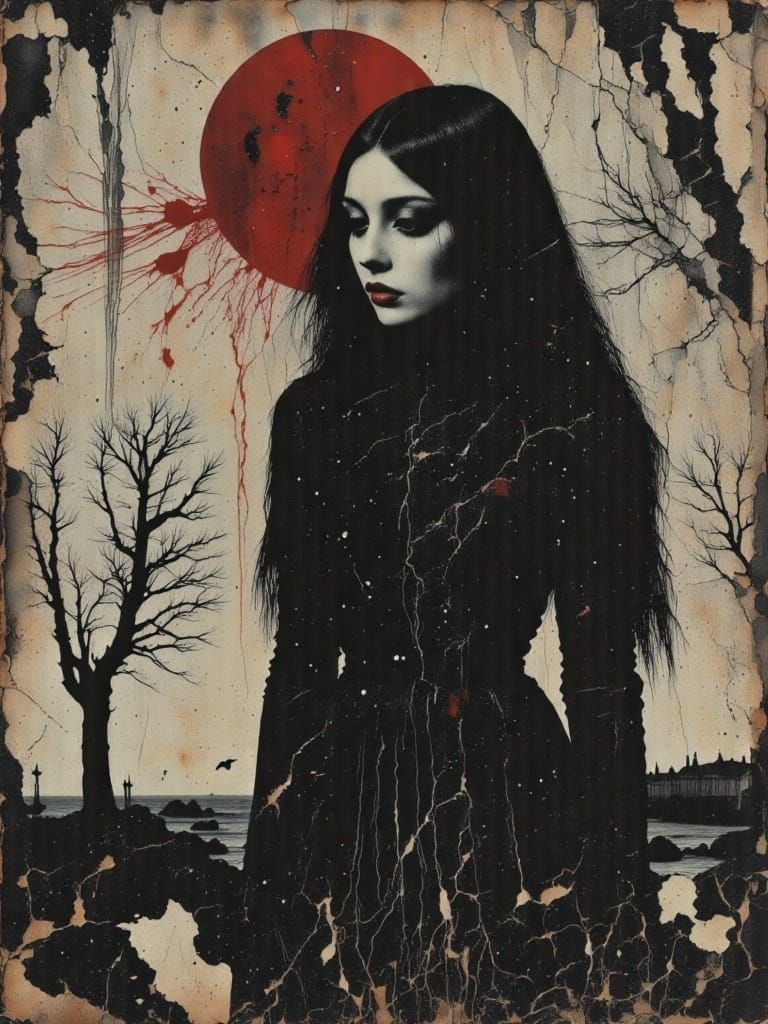 Gothic Griefcore Young Woman in Alcohol Ink Style