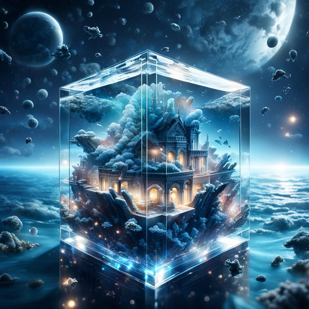 Ocean in Glass Cube Floating in Space
