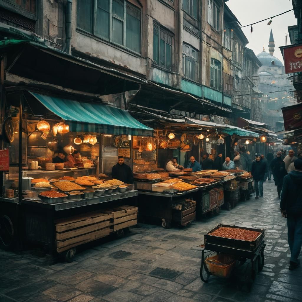 vibrant street food booths in the Great Bazaar of Istanbul, ...