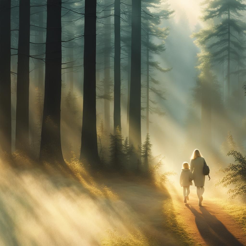 Mother and Daughter in Misty Forest: Watercolor Art
