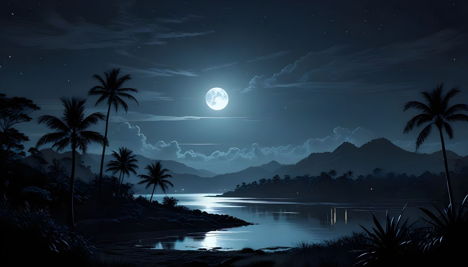 Dark Borneo Moonlit Scene in Minimalist Style