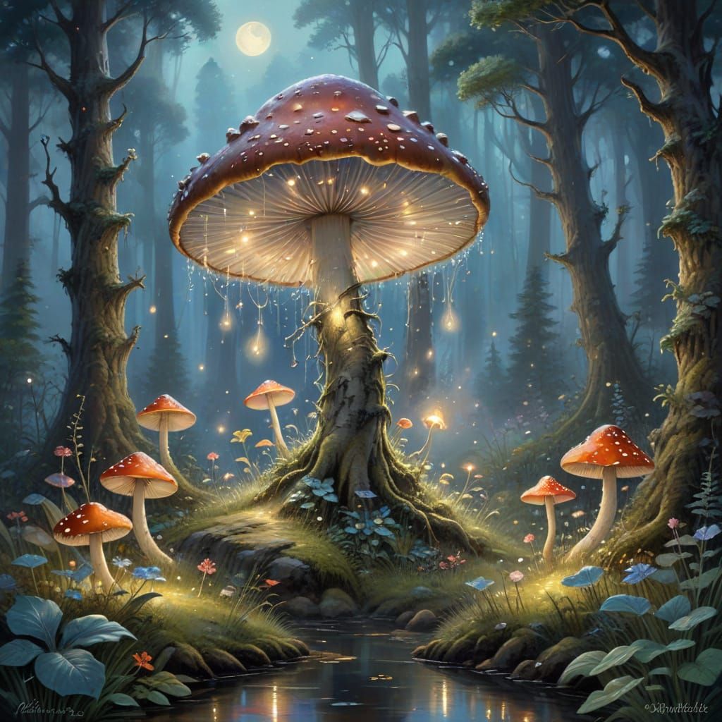 Tiny Sprite Rides Firefly Through Magical Moonlit Forest