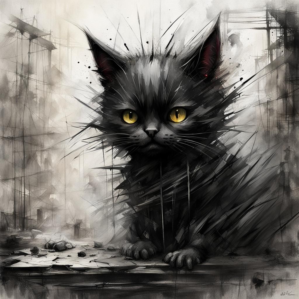 Sinister Black Cat in Eerie Attic: Digital Art