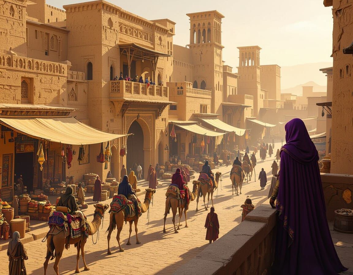 Desert Sorceress Observes Ancient Marketplace in Photorealis...