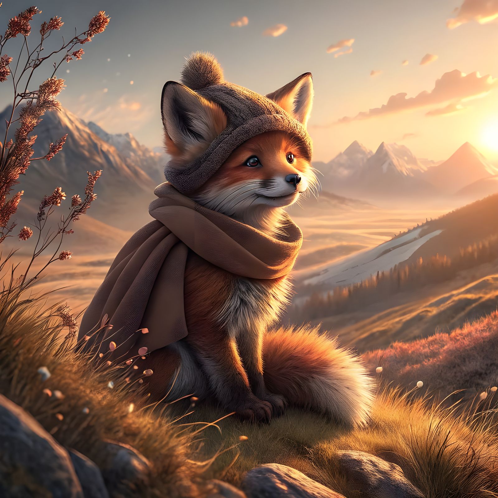 Serene Sunset Fox Cub in Futuristic Landscape