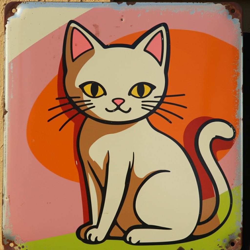 Mid-Century Enamel Sign with Stylized Cat Character