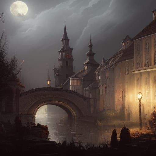 Slavic Medieval City in Carpathian Mountains at Night