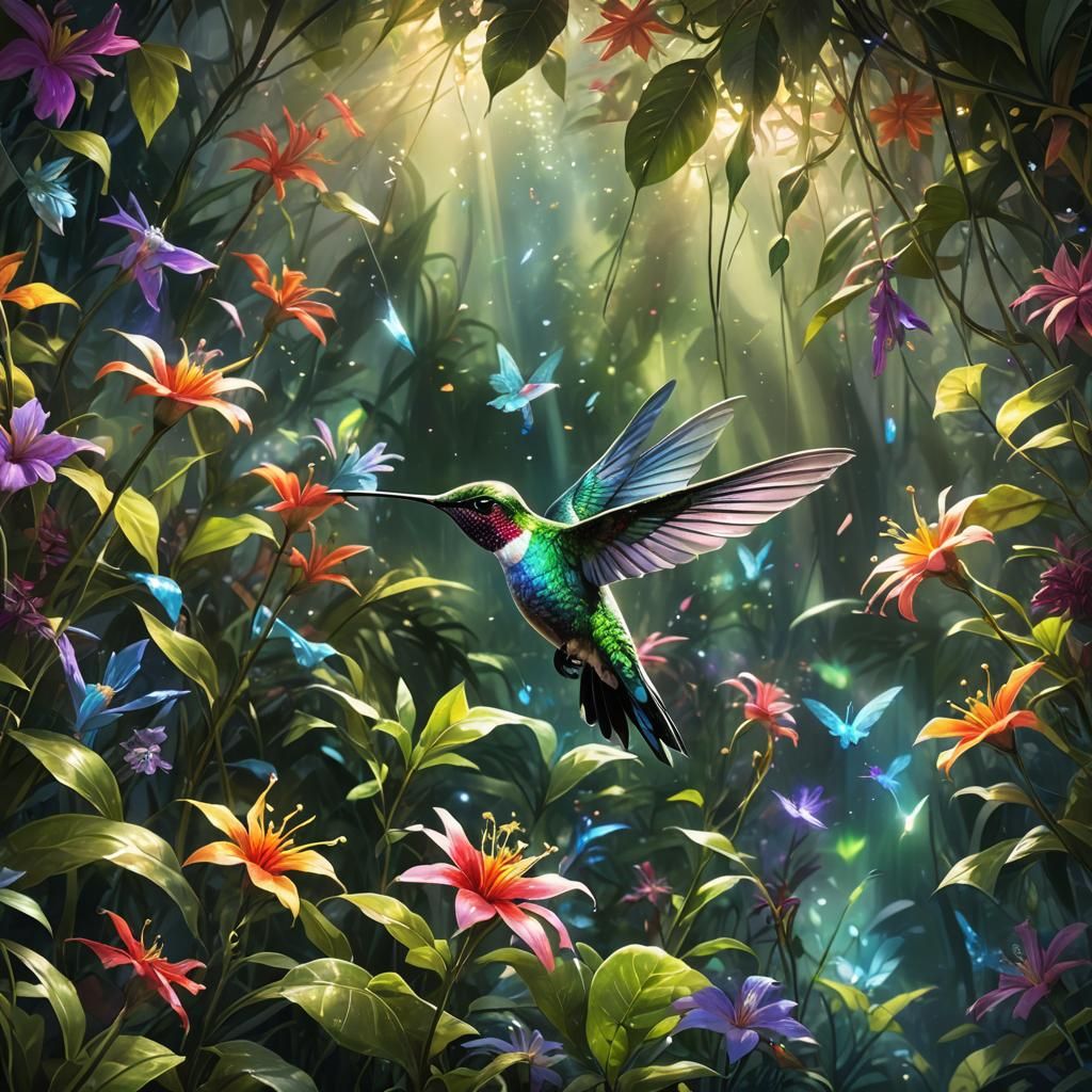 See-through Hummingbird in Bioluminescent Garden