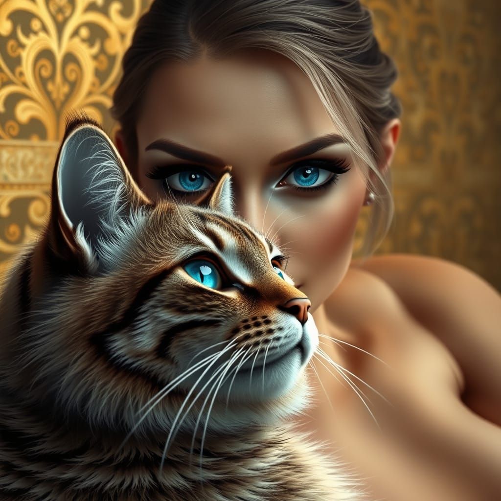 Sensual Lady's Eyes Reflect Majestic Cat in Golden Klimt-Ins...