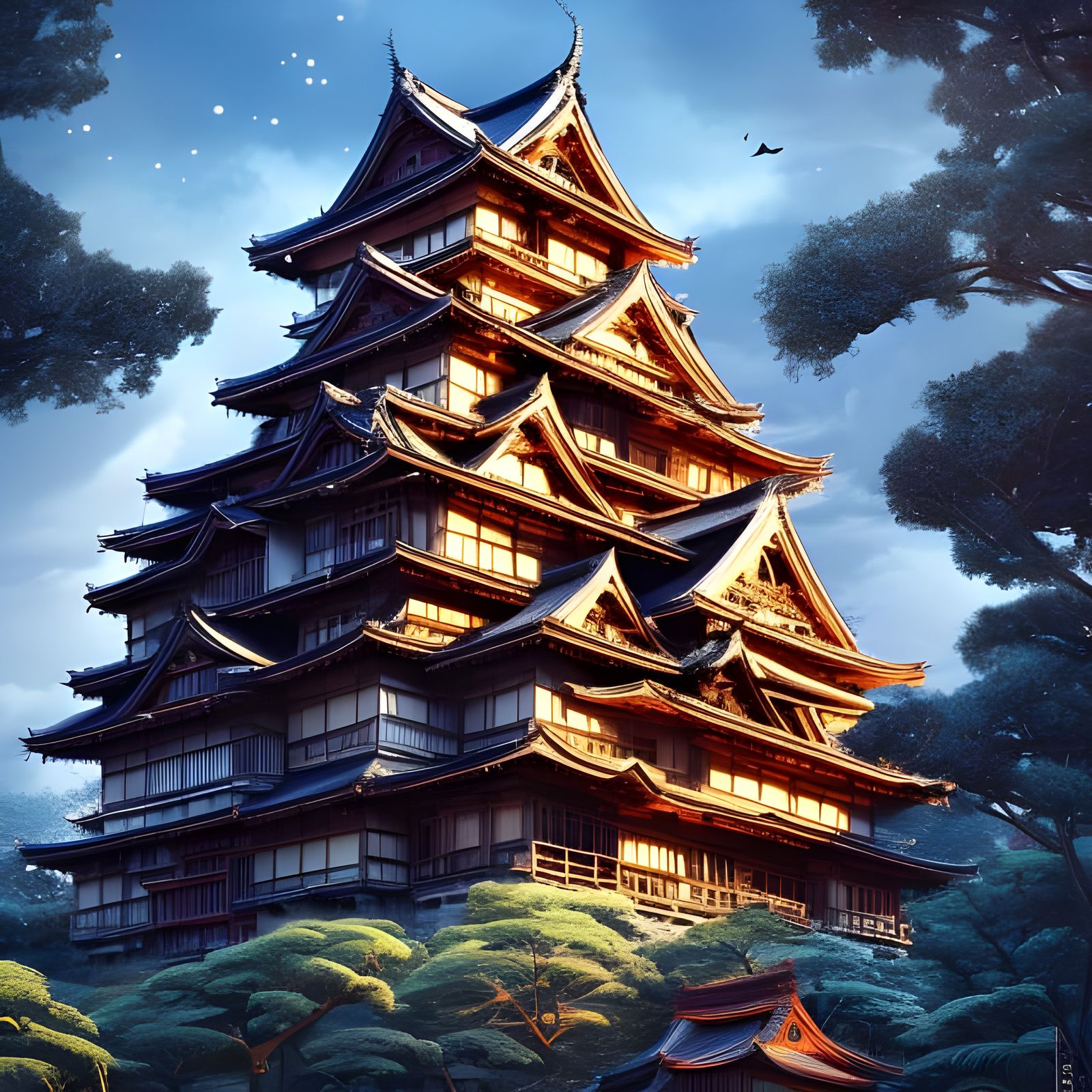 Spiderweb Japanese Castle, Detailed Digital Art