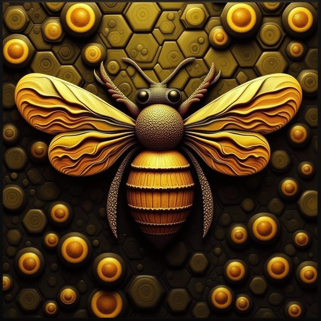 Mechanical Golden Bee Surrounded by Hexagons