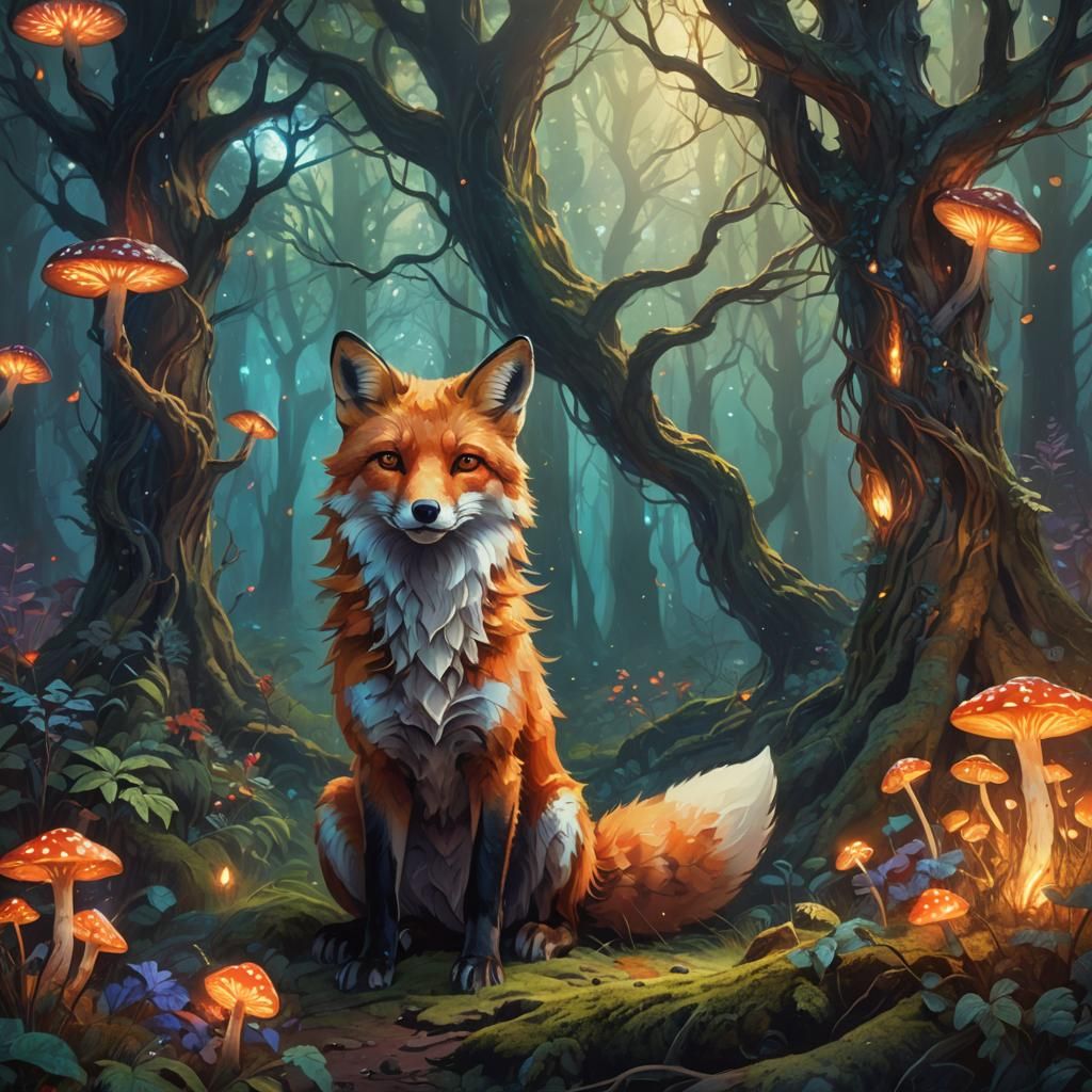 Majestic Fox in Mystical Forest: Fantasy Oil Painting