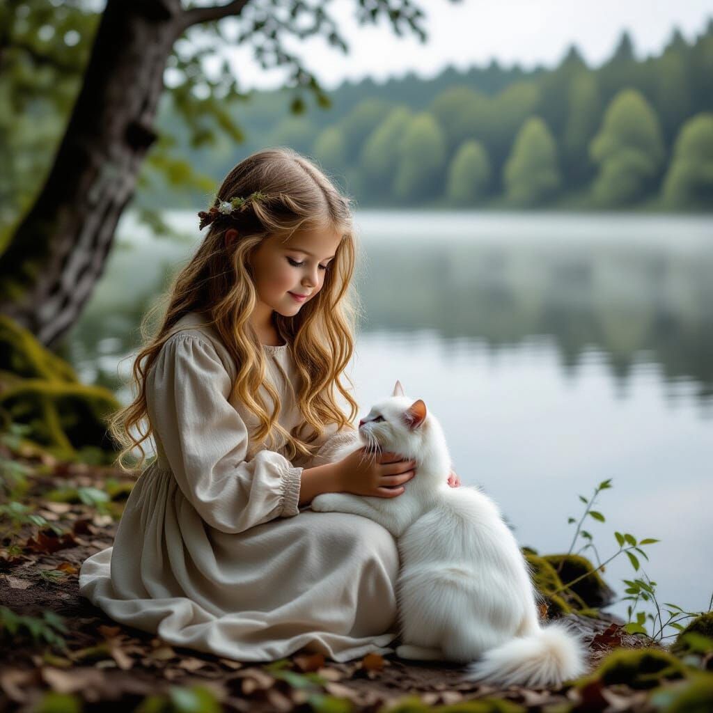 Medieval Girl with Cat in Dreamy Lakeside Scene