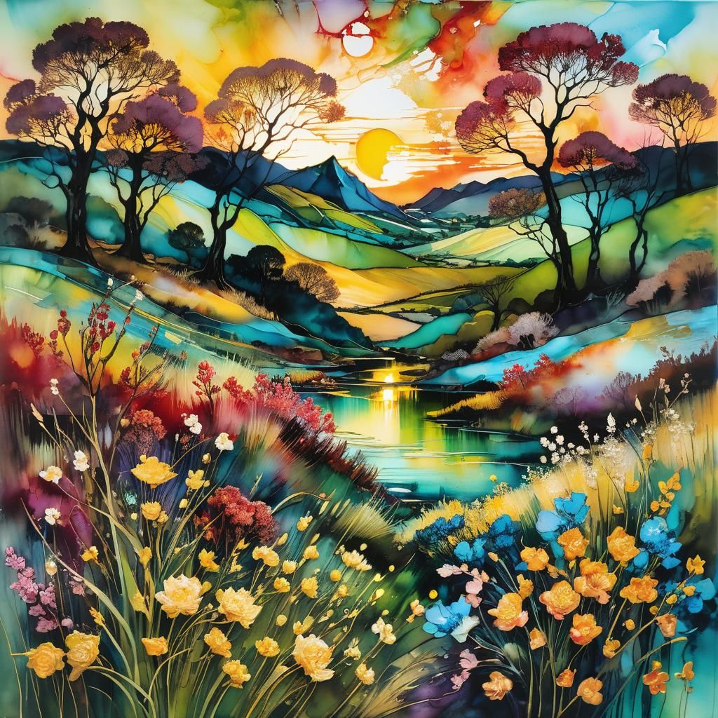 Encaustic Spring Sunset in Impasto Style